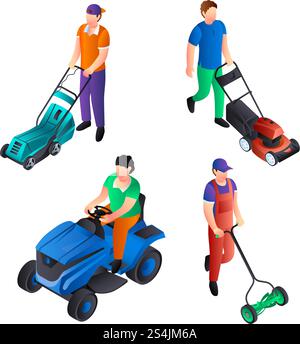 Lawnmower icon set. Isometric set of lawnmower vector icons for web design isolated on white background. Lawnmower icon set, isometric style Stock Vector
