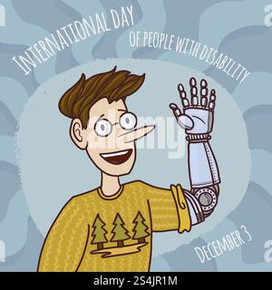 World disability day man prosthesis hand concept background. Hand drawn illustration of world disability day man prosthesis hand vector concept background for web design. World disability day man prosthesis hand concept background, hand drawn style Stock Vector