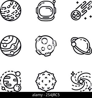 Space astronomy icon set. Outline set of 9 space astronomy vector icons for web design isolated on white background. Space astronomy icon set, outline style Stock Vector