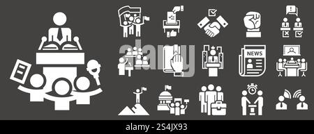 Political meeting icon set. Simple set of political meeting vector icons for web design on gray background. Political meeting icon set, simple style Stock Vector
