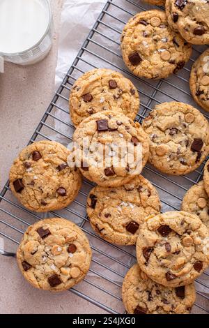 Golden chocolate chip cookies cooling on a wire rack next to a glass of milk Stock Photo