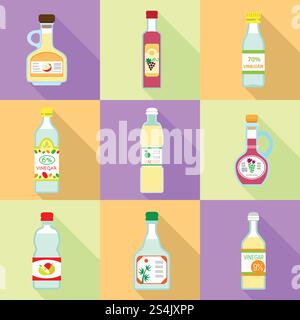 Vinegar icon set. Flat set of vinegar vector icons for web design. Vinegar icon set, flat style Stock Vector