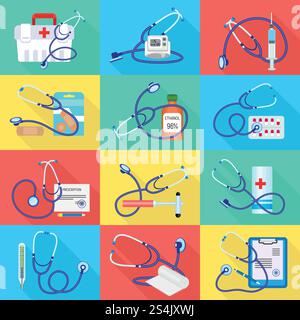 Phonendoscope icon set. Flat set of phonendoscope vector icons for web design. Phonendoscope icon set, flat style Stock Vector