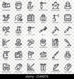 Welder equipment icon set. Outline set of welder equipment vector icons for web design. Welder equipment icon set, outline style Stock Vector