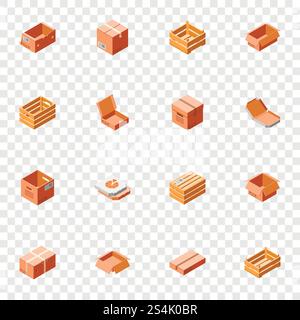 Packing box icon set. Isometric 3d set of packing box vector icons for web design. Packing box icon set, isometric 3d style Stock Vector