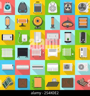 Electric heater icon set. Flat set of electric heater vector icons for web design. Electric heater icon set, flat style Stock Vector