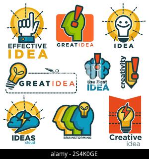 Great effective creative idea promotional colorful logotypes set. Human heads with bright lamps and brain with exclamation mark isolated cartoon flat vector illustrations set on white background.. Great effective creative idea promotional colorful logotypes set Stock Vector