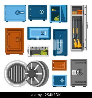 Armored solid metal safes with secure mechanic locks of rectangular and round shapes full of money piles and dangerous guns isolated cartoon flat vector illustrations set on white background.. Armored metal safes full of money and guns Stock Vector