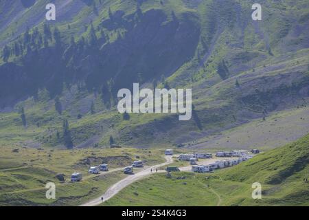 Car park with camper at the Lautaret Pass, Villar-d'Arene, Departement Hautes-Alpes, France, Europe Stock Photo