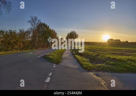 Country road, cycle path, trees, fields, backlight, sunset, blue cloudless sky, intersection of country road L215 with Franz-Barca-Weg, Hanstedt in de Stock Photo