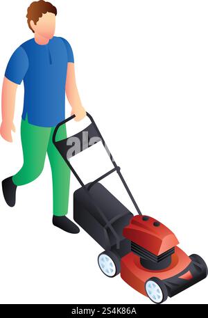 Motor lawnmower icon. Isometric of motor lawnmower vector icon for web design isolated on white background. Motor lawnmower icon, isometric style Stock Vector