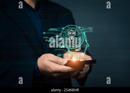 Businessman using application on smartphone for intelligence AI to assist business. AI tools create and develop businesses to have access to informati Stock Photo