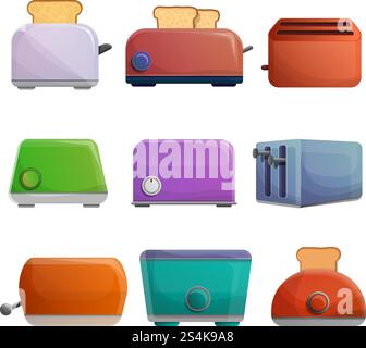 Toaster icon set. Cartoon set of toaster vector icons for web design. Toaster icon set, cartoon style Stock Vector