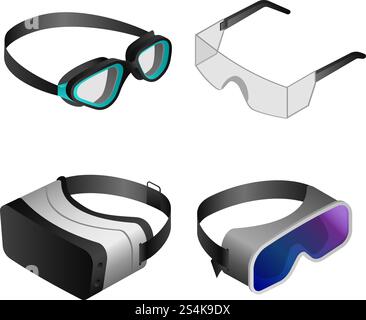 Goggles icon set. Isometric set of goggles vector icons for web design isolated on white background. Goggles icon set, isometric style Stock Vector