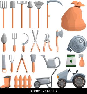 Farming equipment icon set. Cartoon set of farming equipment vector icons for web design. Farming equipment icon set, cartoon style Stock Vector