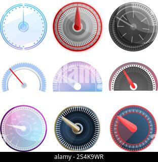 Speedometer icon set. Cartoon set of speedometer vector icons for web design. Speedometer icon set, cartoon style Stock Vector