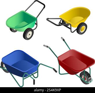 Wheelbarrow icon set. Isometric set of wheelbarrow vector icons for web design isolated on white background. Wheelbarrow icon set, isometric style Stock Vector