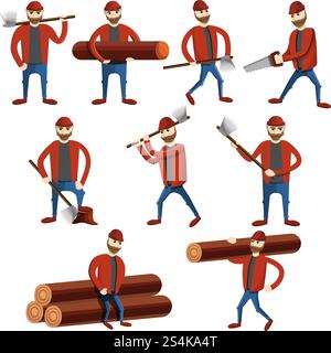 Lumberjack icons set. Cartoon set of lumberjack vector icons for web design. Lumberjack icons set, cartoon style Stock Vector