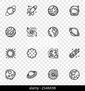 Planets icon set. Outline set of planets vector icons for web design. Planets icon set, outline style Stock Vector