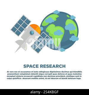 Space research promotional poster with Earth miniature and modern artificial satellite with big solar batteries isolated cartoon flat vector illustration on white background with sample text.. Space research promotional poster with Earth and satellite Stock Vector
