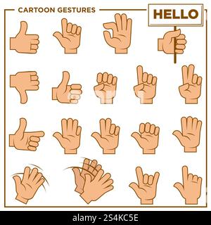 Cartoon gestures shown by human hands isolated vector illustrations set on white background. Palm with help of fingers shows symbols to express emotions, say hello or tell short information.. Cartoon gestures showed by human hands illustrations set Stock Vector