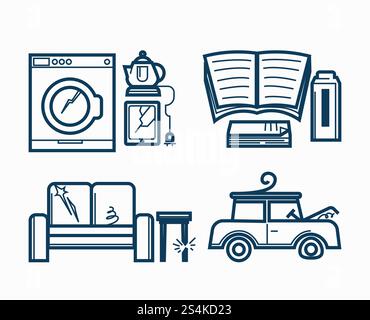 Broken electric appliances, soft furniture with spring out, old vehicle with open hood and open book isolated cartoon flat monochrome outline sketchy vector illustrations on white background.. Broken electric appliances, soft furniture and old vehicle Stock Vector