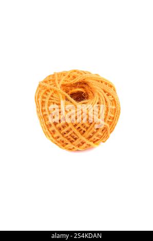 A roll of yellow jute twine placed on a white background, ideal for crafting, packaging, and DIY projects. Perfect for online stores or product catalo Stock Photo