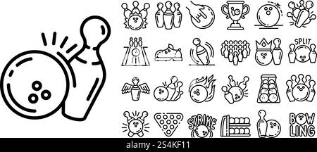 Bowling icon set. Outline set of bowling vector icons for web design isolated on white background. Bowling icon set, outline style Stock Vector