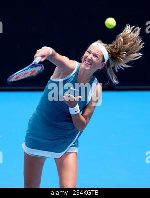 Melbourne, Australia. 13th Jan, 2025. 21st seed VICTORIA AZARENKA of Belarus in action against LUCIA BRONZETTI of Italy on KIA Arena in a Women's Singles 1st round match on day 2 of the 2025 Australian Open in Melbourne, Australia. Sydney Low/Cal Sport Media/Alamy Live News Stock Photo