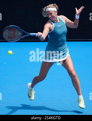 Melbourne, Australia. 13th Jan, 2025. 21st seed VICTORIA AZARENKA of Belarus in action against LUCIA BRONZETTI of Italy on KIA Arena in a Women's Singles 1st round match on day 2 of the 2025 Australian Open in Melbourne, Australia. Sydney Low/Cal Sport Media/Alamy Live News Stock Photo