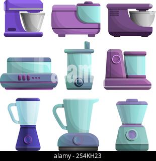 Food processor icon set. Cartoon set of food processor vector icons for web design. Food processor icon set, cartoon style Stock Vector