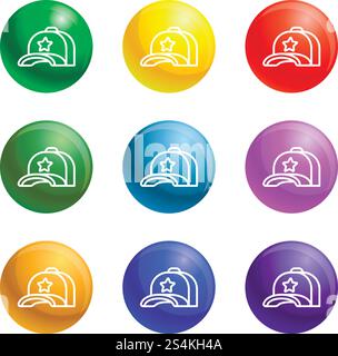 Star baseball cap icons vector 9 color set isolated on white background for any web design . Star baseball cap icons set vector Stock Vector