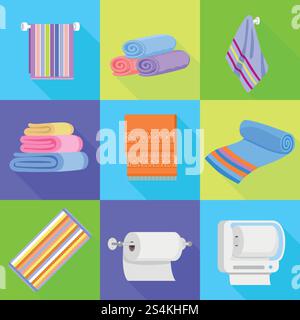 Towel icons set. Flat set of towel vector icons for web design. Towel icons set, flat style Stock Vector