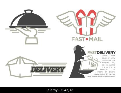 Delivery logo templates set for post mail, food or onlne shop express delivery service. Vector isolated icons set of delivery man with gift box, shopping bag, car truck and fast wings. Delivery logo templates set for post mail, food or onlne shop express delivery service. Stock Vector