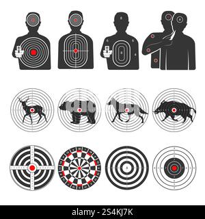 Targets for shooting gallery in shape of human with gun or hostage silhouette, wild forest animals and striped circles isolated monochrome cartoon flat vector illustrations set on white background.. Targets for shooting gallery isolated monochrome illustrations set Stock Vector