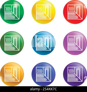Heating floor room icons vector 9 color set isolated on white background for any web design . Heating floor room icons set vector Stock Vector