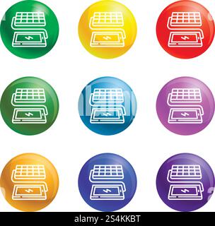 Solar panel phone charging icons vector 9 color set isolated on white background for any web design . Solar panel phone charging icons set vector Stock Vector