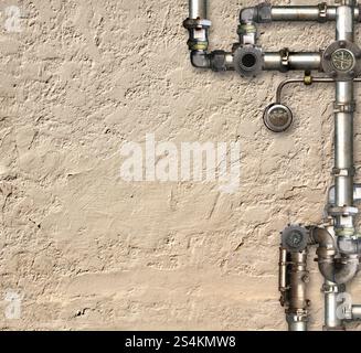 Vintage steampunk backdrop with pipes on stucco wall. Open space with concrete wall and retro pipelines. Mock-up template. Grunge interior background. Stock Photo