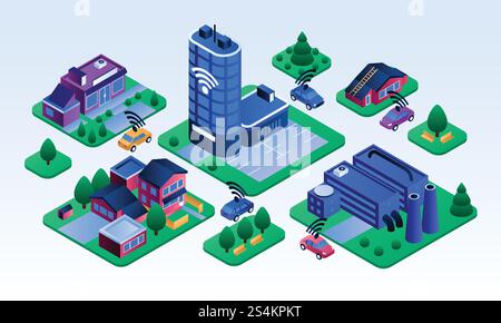 Intelligent city building banner. Isometric illustration of intelligent city building vector banner for web design. Intelligent city building banner, isometric style Stock Vector