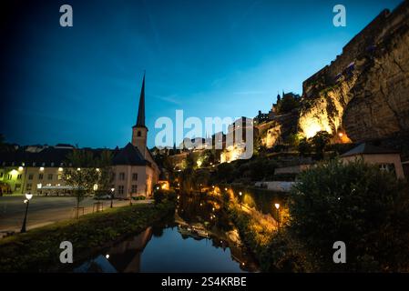 Evening View of Saint John's Church and the Alzette River - Luxembourg City Stock Photo