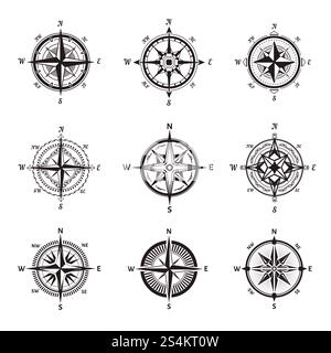 Rose of Wind in vintage monochrome design set with sharp pointers of side of world in shape of star with decorated circle behind isolated cartoon flat vector illustrations on white background.. Rose of Wind in vintage monochrome design set Stock Vector