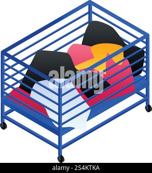 Dirty clothes cart basket icon. Isometric of dirty clothes cart basket vector icon for web design isolated on white background. Dirty clothes cart basket icon, isometric style Stock Vector