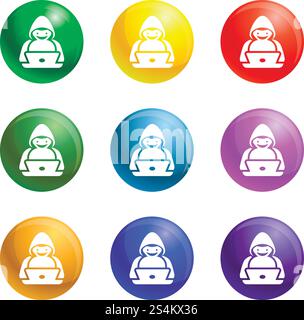 Hacker activity icons vector 9 color set isolated on white background for any web design . Hacker activity icons set vector Stock Vector