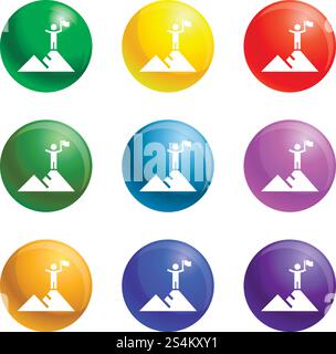 Mountain icons vector 9 color set isolated on white background for any web design . Mountain icons set vector Stock Vector