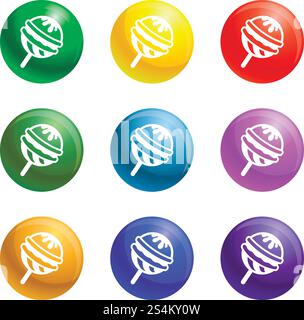 Choco lollipop icons vector 9 color set isolated on white background for any web design . Choco lollipop icons set vector Stock Vector