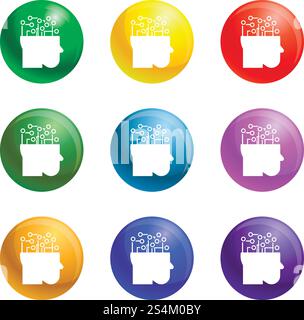 Smart brain mind icons vector 9 color set isolated on white background for any web design . Smart brain mind icons set vector Stock Vector