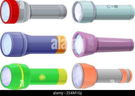Flashlight icons set. Cartoon set of flashlight vector icons for web design. Flashlight icons set, cartoon style Stock Vector