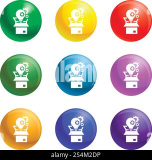 Bulb gear box icons vector 9 color set isolated on white background for any web design . Bulb gear box icons set vector Stock Vector