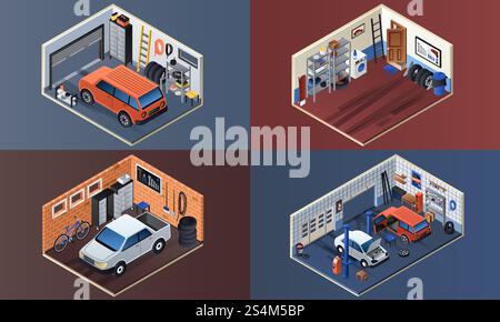 Garage interior banner set. Isometric set of garage interior vector banner for web design. Garage interior banner set, isometric style Stock Vector