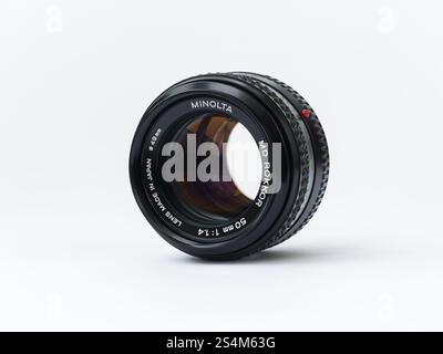Minolta MD Rokkor 50mm 1:1.4 lens isolated on white background Stock Photo